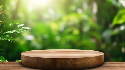 Table top wood counter floor podium in nature outdoors tropical forest garden blurred green jungle plant background.natural product present placement pedestal stand display. Generative Ai