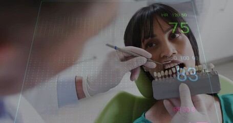 Animation of heart rate monitor over male dentist examining teeth of biracial female patient - Powered by Adobe