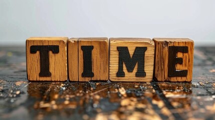 A wooden block with the word time written on it. - Powered by Adobe