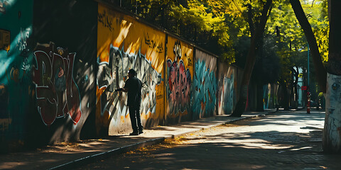 Uma foto espontânea de um grafiteiro em ação, acrescentando cores vibrantes a uma parede urbana monótona.