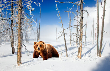 Brown bear in a snow-covered frozen forest