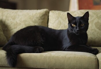 Black cat on an armchair with wear marks in front of the window on a warm day