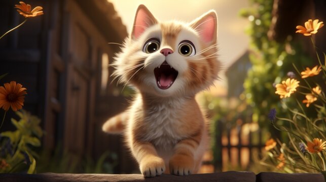 little cute kitten is playing in the garden. Concept of joy and wonder