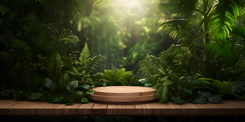 3D background products display a podium stage with a geometric platform and tropical leaves. mockup