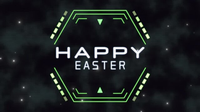 A futuristic digital art image with geometric shapes and lines. The words Happy Easter in green and yellow stand out in the center, creating a modern and sleek design