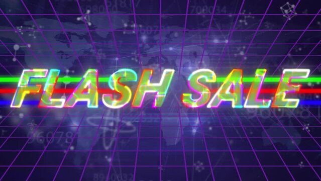 Animation of flash sale text banner over molecular structures and world map against blue background