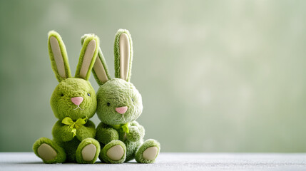 Close up Easter green bunny toy rabbit on the green background, cute easter bunnies lean on each other, copy space.