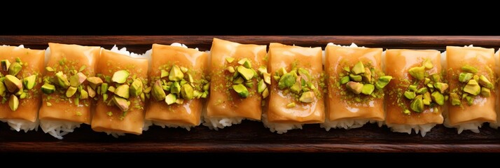 banner Exquisite Handcrafted Pistachio Baklava Topped with Whole Walnuts and Sweet Syrup, Traditional Middle Eastern Dessert Delicacy in Close-up View