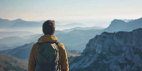 Happy young tall man with backpacks from behind standing and enjoying life in the mountains, man enjoying the view from top of mountain, close up back view. - obrazy, fototapety, plakaty
