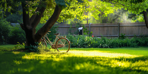 Fototapeta premium Green lawns with big trees look shady. There is a vintage bicycle parked under a tree. wooden fence behind Surrounded by nature background.