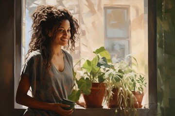 Young diverse woman taking care of green house plants at home. Millennial person holding potted plant. Gardening urban jungle hobby.	 - obrazy, fototapety, plakaty