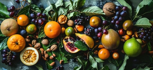 Assorted fresh fruits with nuts and leaves on dark background. Healthy food and lifestyle.