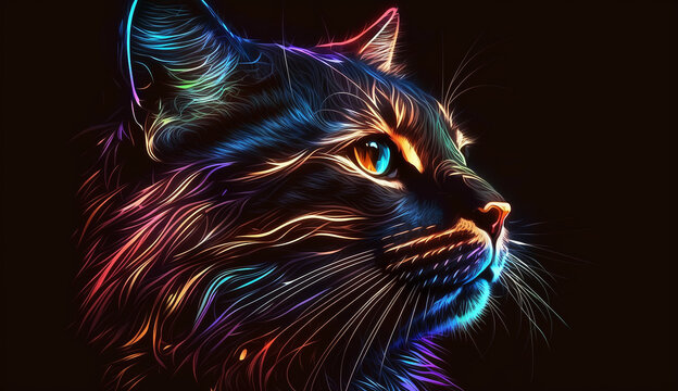 Colorful animal cat head neon style illustration picture
