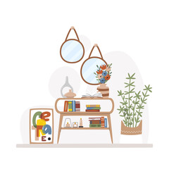 House entrance decorated with houseplants and mirrors. Coffee table full of books and candles. Corridor interior scene design with plants. Home hallway hand drawn flat vector illustration isolated