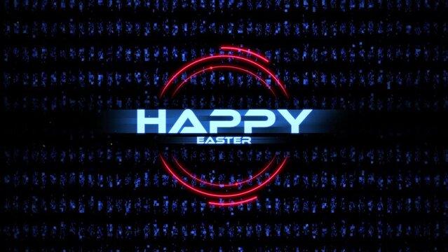 A futuristic and digital-themed image with a black and blue background featuring a bright red Happy Easter in a neon font, giving a futuristic and vibrant feel