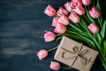Tulips bouquet with gift on dark wood