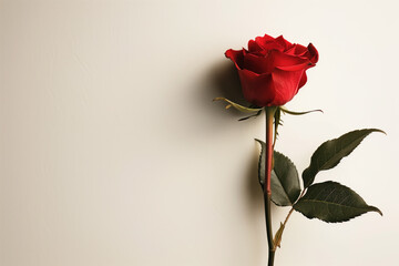Red rose against a neutral backdrop