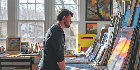 Um artista visual em pose contemplativa, cercado por uma gama de tons pastel, cadernos de esboços e telas em um espaço de estúdio iluminado pelo sol