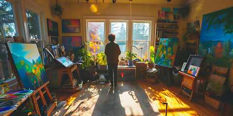 Um artista visual em pose contemplativa, cercado por uma gama de tons pastel, cadernos de esboços e telas em um espaço de estúdio iluminado pelo sol - obrazy, fototapety, plakaty