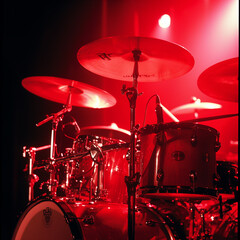 a close-up of a drum set bathed in red stage lighting, highlighting the reflective surfaces of the cymbals and drums