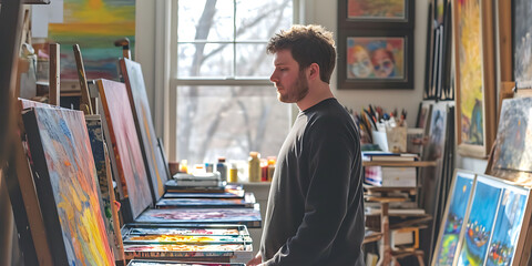 Um artista visual em pose contemplativa, cercado por uma gama de tons pastel, cadernos de esboços e telas em um espaço de estúdio iluminado pelo sol - obrazy, fototapety, plakaty