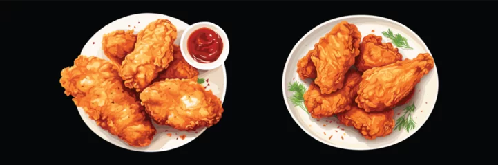 Foto op Plexiglas Set of crispy fried chicken on plate, top view, menu, vector illustration isolated on black background © Jira