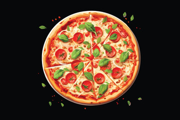 pepperoni pizza, top view, menu, vector illustration isolated on black background