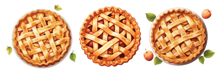 Set of different tasty apple pies, top view, menu, vector illustration isolated on white background