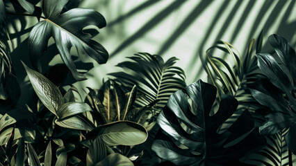 A monochromatic image of tropical leaves in various shades of green with soft shadows on a matching background flat lay top view - obrazy, fototapety, plakaty