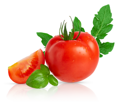 Whole tomato and slice with leaves isolated on white background