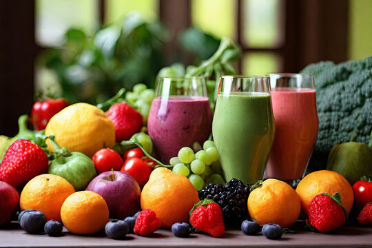 Healthy still life. Fruits, vegetables, yoga, and smoothies. A vibrant portrayal of wellness and a wholesome lifestyle. Perfect for health concepts.