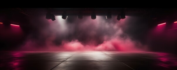 The dark stage shows, empty crimson, maroon, burgundy background, neon light, spotlights, The asphalt floor and studio room with smoke