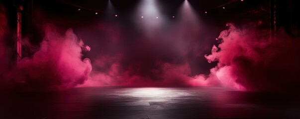 The dark stage shows, empty crimson, maroon, burgundy background, neon light, spotlights, The asphalt floor and studio room with smoke