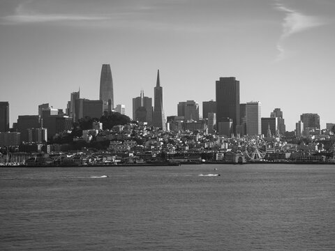 Black and white image of downtown San Fransisco California on a clear evening 