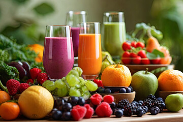 Healthy still life. Fruits, vegetables, yoga, and smoothies. A vibrant portrayal of wellness and a...