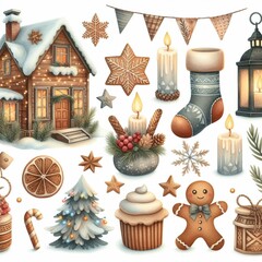 DesWatercolor elements winter hygge clipart with cone cookies garlands houses and glovesign sem nome - 1
