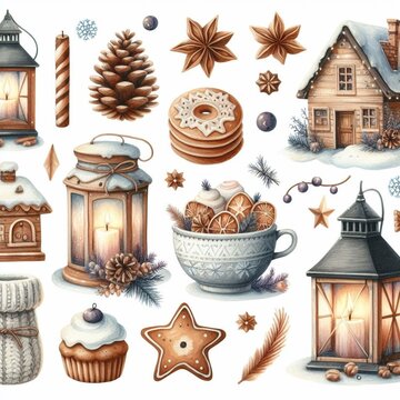 DeWatercolor elements winter hygge clipart with cone cookies garlands houses and glovessign sem nome - 1