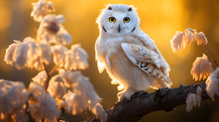 Bird of prey owl sits on a tree branch