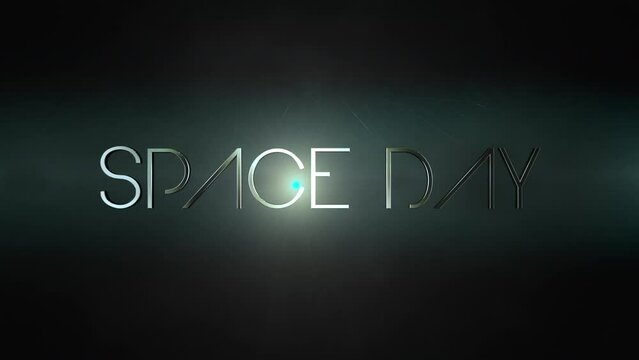 Space Day text in a futuristic font, arranged in a circular shape. A glowing light is at the center, set against a dark, star-filled space background