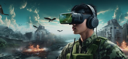 Soldier in virtual reality goggles, future technology
