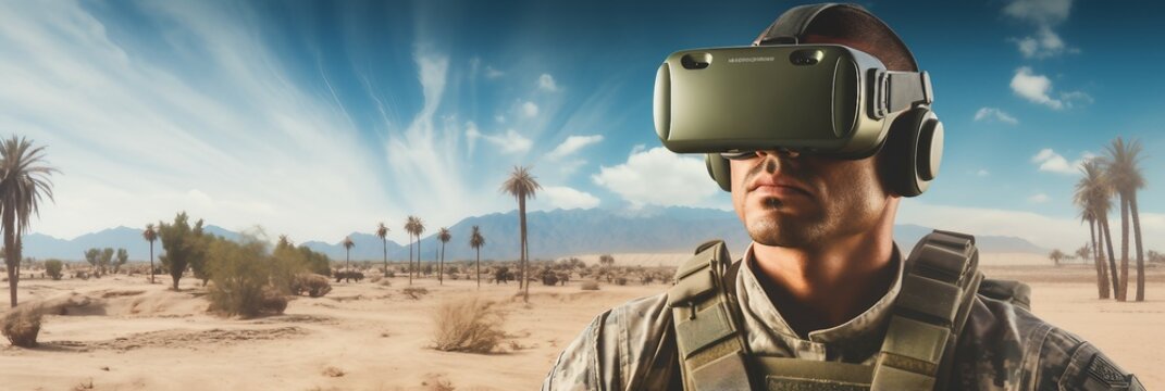 Soldier in virtual reality goggles, future technology