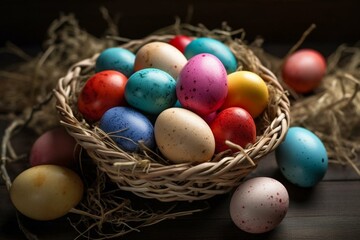Fototapeta na wymiar colorful easter eggs in basket. Generative AI