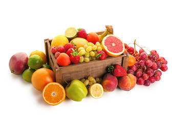 Wooden box with different fresh fruits on white background