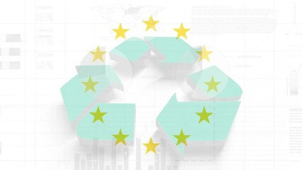 Animation of financial data processing and flag of european union over recycling sign - Powered by Adobe