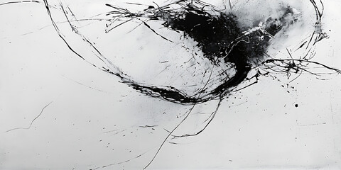 Um desenho abstrato a carvão em papel texturizado, transmitindo uma sensação de espontaneidade e expressão gestual em tons monocromáticos - obrazy, fototapety, plakaty