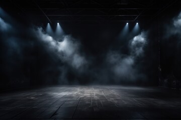 The dark stage shows, empty chartreuse, lime, olive background, neon light, spotlights, The asphalt floor and studio room with smoke