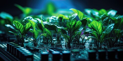 Green development concept theme. Close-up of an electronic board with a processor