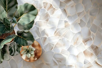 Elegant Leaves and Succulent on a White Stone Marble Tile Backdrop