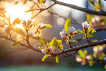 A tree branch in early spring with bursting buds in the early morning sunlight