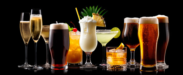 Set and collection of classic alcohol cocktails or mocktail isolated on black background with fresh summer fruits - obrazy, fototapety, plakaty